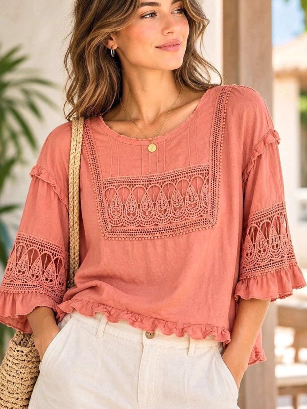 TINY Crochet Trim Ruffle Sleeve Blouse in Pink Size Medium